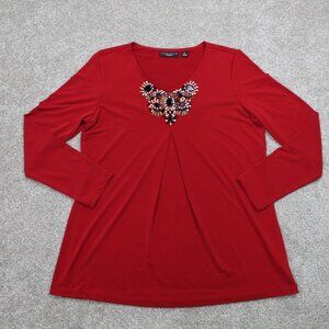 Susan Graver Artisan Shirt‎ Womens XS Red Embellished Polyester Stretch L/S
